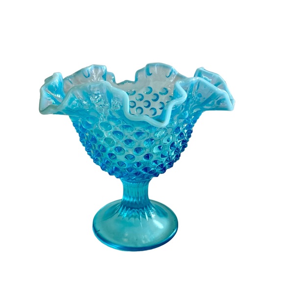 Fenton Other - Vintage Fenton Blue Opalescent Footed Hobnail Ruffled Glass Pedestal Candy Dish